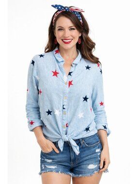 John Mark Sky Blue Embroidered Star Linen Patriotic USA Button Up Top Blouse